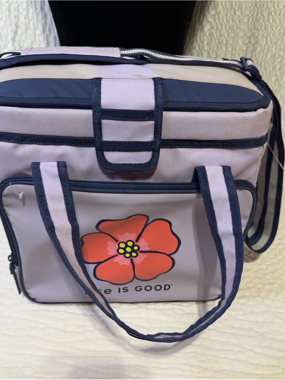 Life Is Good Lavender and Navy Floral Tote cooler